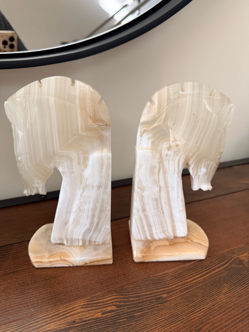 MCM Cream Onyx Marble Majestic Horse Head Bookends